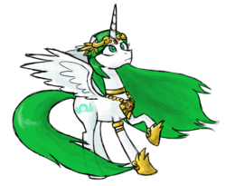Size: 686x562 | Tagged: safe, artist:zicygomar, alicorn, pony, crossover, female, flowing mane, frown, jewelry, kid icarus, kid icarus: uprising, mare, nintendo, not celestia, palutena, ponified, raised hoof, simple background, solo, spread wings, standing, transparent background, wings