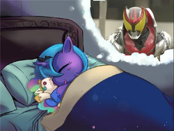 Size: 500x378 | Tagged: source needed, safe, artist:bakki, edit, princess luna, alicorn, pony, g4, bed, cute, dream, dream meme, female, filly, filly luna, kamen rider, kamen rider kiva, lying down, lying on bed, meme, on bed, pillow, plushie, sleeping, woona, younger