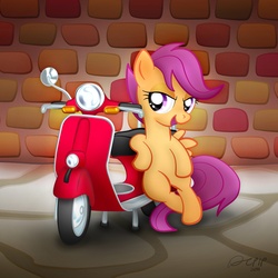 Size: 2000x2000 | Tagged: safe, artist:dcpip, scootaloo, pegasus, pony, g4, female, filly, high res, leaning, moped, solo, vespa