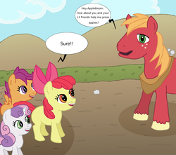 Size: 2000x1767 | Tagged: safe, artist:super-zombie, apple bloom, big macintosh, scootaloo, sweetie belle, earth pony, pegasus, pony, unicorn, fanfic:sweet apple massacre, g4, cutie mark crusaders, fanfic, fanfic art, female, filly, implied grimdark, its a trap!, male, ron the death eater, stallion, this will end in death, this will end in tears and/or death, this will not end well