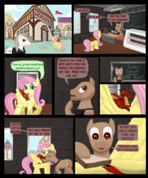 Size: 830x1000 | Tagged: safe, artist:bhiggo, fluttershy, earth pony, pegasus, pony, comic:korog's hunger, g4, baby dragon, comic, crossover, female, heavy weapons guy, male, mare, page, pootis, red wyrmling, sandvich, shop, stallion, team fortress 2