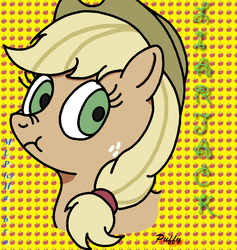 Size: 1308x1380 | Tagged: safe, artist:puffydearlysmith, applejack, earth pony, pony, g4, applejack's hat, bust, cowboy hat, discorded, female, freckles, hat, liar face, liarjack, mare, scrunchy face, solo