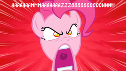 Size: 1436x811 | Tagged: safe, edit, edited screencap, screencap, pinkie pie, earth pony, pony, g4, the last roundup, angry, caption, female, frown, image macro, kamen rider, kamen rider amazon, mare, meme, nopony breaks a pinkie promise, pink coat, pink fur, pink hair, pink mane, pink pony, pinkie rage, rage, solo