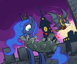 Size: 1200x1000 | Tagged: safe, artist:madmax, princess luna, alicorn, bat, pony, g4, alucard, bat cloak, castle, castlevania, crossover, female, full moon, heart, luna is not amused, mare, moon, night