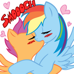 Size: 1280x1280 | Tagged: safe, artist:megasweet, artist:mikeraware, rainbow dash, scootaloo, pegasus, pony, g4, age difference, blushing, colored, duo, eyes closed, female, filly, heart, kiss on the lips, kissing, lesbian, mare, mare on filly, pseudoincest, rainbow dash is a foal fiddler, ship:scootadash, shipping, simple background, smooch