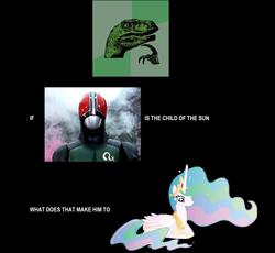 Size: 1442x1328 | Tagged: artist needed, safe, princess celestia, alicorn, pony, g4, black background, female, kamen rider, kamen rider black rx, mare, meme, philosoraptor, photo, prone, simple background