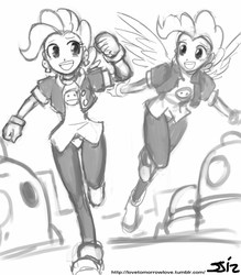 Size: 735x840 | Tagged: safe, artist:johnjoseco, pinkie pie, surprise, human, g1, g4, clone, clothes, crossover, earring, female, gloves, grayscale, humanized, megaman legends, monochrome, pantyhose, tron bonne, winged humanization