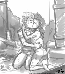 Size: 735x840 | Tagged: safe, artist:johnjoseco, rarity, spike, human, g4, female, grayscale, humanized, kiss on the lips, kissing, male, monochrome, older, ruins, ship:sparity, shipping, straight