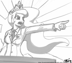 Size: 840x735 | Tagged: safe, artist:johnjoseco, princess celestia, human, g4, ace attorney, crossover, dramatic point, female, grayscale, humanized, monochrome, objection, phoenix wright, solo