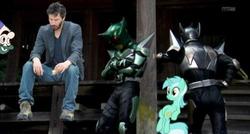 Size: 500x267 | Tagged: safe, lyra heartstrings, pony, unicorn, g4, female, irl, kamen rider, kamen rider kick hopper, kamen rider punch hopper, mare, meme, photo, sad keanu, sitting, sitting lyra, weegee