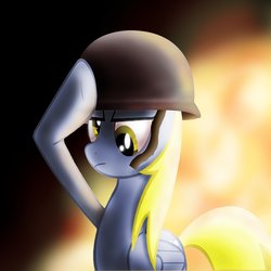 Size: 945x945 | Tagged: safe, artist:upbeatderpness, derpy hooves, pegasus, pony, g4, female, helmet, mare, salute, solo