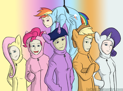 Size: 1057x784 | Tagged: safe, artist:loceri, applejack, fluttershy, pinkie pie, rainbow dash, rarity, twilight sparkle, human, g4, clothes, costume, female, footed sleeper, gradient background, humanized, kigurumi, mane six