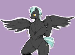 Size: 853x623 | Tagged: safe, artist:mangneto, thunderlane, pegasus, pony, semi-anthro, g4, arm hooves, bipedal, male, muscles, no pupils, simple background, solo, spread wings, stallion, sweat, wings