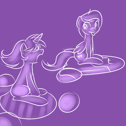 Size: 2000x2000 | Tagged: safe, artist:kloudmutt, oc, oc only, oc:archimedes ogle, oc:klodette, pegasus, pony, unicorn, crossover, female, high res, kirby (series), kirby air ride, male, mare, simple background, sitting, sketch, slick star, stallion, tongue out, turbo star