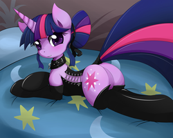 Size: 2500x1996 | Tagged: dead source, safe, artist:grumblepluck, twilight sparkle, pony, unicorn, g4, alternate hairstyle, bed, bottomless, butt, clothes, collar, corset, featureless crotch, female, femsub, hair bun, latex, looking at you, mare, plot, prone, solo, stockings, submissive, tail wrap, twibutt, twisub, unicorn twilight