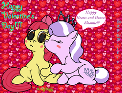 Size: 3096x2364 | Tagged: safe, artist:puffydearlysmith, apple bloom, diamond tiara, earth pony, pony, g4, blushing, cheek kiss, female, filly, foe yay, hearts and hooves day, high res, kissing, lesbian, ship:diamondbloom, shipping, sitting