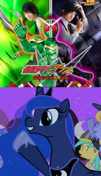 Size: 398x690 | Tagged: artist needed, safe, edit, edited screencap, screencap, cloud kicker, princess luna, sunshower raindrops, alicorn, pegasus, pony, g4, clothes, costume, female, hazzah! the rider has been doubled, irl, kamen rider, kamen rider w, mare, nightmare night, photo, raito sonozaki