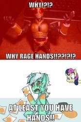 Size: 499x746 | Tagged: safe, lyra heartstrings, earth pony, pony, unicorn, g4, crying, female, hand, image macro, kamen rider, kamen rider agito, mare, meme, photo, sitting, that pony sure does love hands