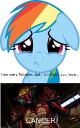 Size: 724x1155 | Tagged: safe, rainbow dash, crab, humanoid, pegasus, pony, g4, cancer (horoscope), cancer zodiarts, female, floppy ears, image macro, kaijin, kamen rider, kamen rider fourze, mare, photo, pun, zodiart