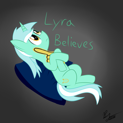 Size: 2500x2500 | Tagged: safe, artist:phoenixswift, lyra heartstrings, pony, unicorn, g4, female, foam finger, gradient background, high res, looking up, mare, on back, solo