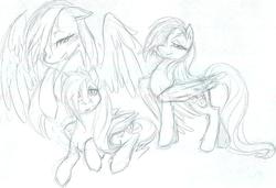 Size: 777x532 | Tagged: safe, artist:buttercupsaiyan, fluttershy, pegasus, pony, g4, female, hair over one eye, mare, monochrome, prone, simple background, sketch, sketch dump