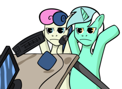 Size: 2200x1600 | Tagged: dead source, safe, artist:alanjcastonguay, bon bon, lyra heartstrings, sweetie drops, earth pony, pony, unicorn, g4, bon bon is not amused, computer, duo, female, lyra is not amused, mare, simple background, table flip, transparent background, unamused