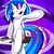 Size: 2200x2200 | Tagged: dead source, safe, artist:darkplanetjohnson132, dj pon-3, vinyl scratch, pony, unicorn, g4, abstract background, female, heterochromia, high res, mare, record, red eyes, sitting, solo, wrong eye color