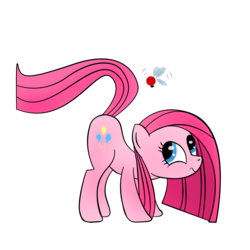 Size: 2000x2000 | Tagged: safe, artist:zomgitsalaura, pinkie pie, earth pony, parasprite, pony, g4, swarm of the century, female, high res, mare, pinkamena diane pie, simple background, solo, tail whip, transparent background