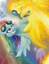 Size: 612x792 | Tagged: safe, artist:cat4lyst, rainbow dash, spitfire, pegasus, pony, g4, duo, female, flying, goggles, grin, lesbian, mare, ship:spitdash, shipping, smiling