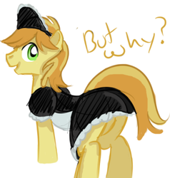 Size: 352x369 | Tagged: source needed, safe, artist:kloudmutt, braeburn, earth pony, pony, g4, clothes, crossdressing, looking at you, looking back, maid, male, simple background, solo, stallion, white background