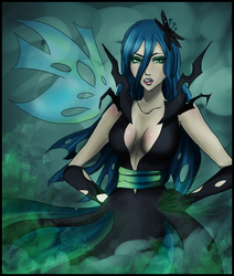 Size: 695x820 | Tagged: safe, artist:songoftheshoebox, queen chrysalis, human, g4, absolute cleavage, breasts, busty queen chrysalis, cleavage, clothes, female, gloves, hand on hip, humanized, solo