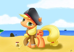 Size: 4092x2893 | Tagged: safe, artist:meandmypie, applejack, earth pony, pony, g4, beach, bicorne, clothes, female, hat, mare, pirate, rowboat, ship, solo