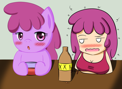 Size: 900x664 | Tagged: safe, artist:pokumii, berry punch, berryshine, earth pony, human, pony, g4, blushing, bottle, drunk, duo, female, human ponidox, humanized, mare, self ponidox