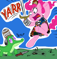 Size: 1740x1803 | Tagged: safe, artist:plasters-ponies, gummy, pinkie pie, alligator, earth pony, pony, g4, beer can, duo, female, mare, samurai, sword, weapon