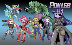 Size: 2000x1240 | Tagged: safe, artist:shepherd0821, applejack, fluttershy, pinkie pie, rainbow dash, rarity, spike, twilight sparkle, earth pony, pegasus, unicorn, anthro, unguligrade anthro, g4, ambiguous facial structure, armor, avengers, belly button, black widow (marvel), book, breasts, busty applejack, captain america, catsuit, crossover, eyepatch, female, gradient background, iron man, line-up, mane seven, mane six, marvel, midriff, nick fury, parody, reference, s.h.i.e.l.d., shield, superhero, the incredible hulk, thor, war machine