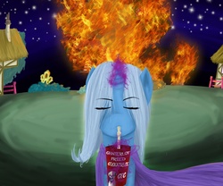 Size: 1200x1000 | Tagged: safe, artist:hewhoerasesmost, trixie, pony, unicorn, g4, eyes closed, female, fire, golden oaks library, harsher in hindsight, mare, revenge, solo, straw