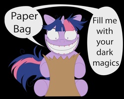 Size: 1200x960 | Tagged: safe, artist:yjayr, twilight sparkle, pony, unicorn, g4, female, insanity, mare, paper bag, simple background, sitting, solo, twilight snapple