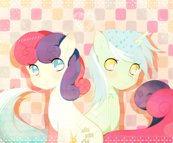 Size: 1280x1059 | Tagged: safe, artist:princessmisery, bon bon, lyra heartstrings, sweetie drops, earth pony, pony, unicorn, g4, abstract background, female, mare, no pupils, sitting