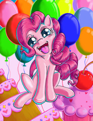 Size: 2486x3233 | Tagged: safe, artist:kcday, pinkie pie, earth pony, pony, g4, balloon, cake, cherry, cupcake, cute, diapinkes, female, high res, mare, open mouth, sitting, solo, tongue out