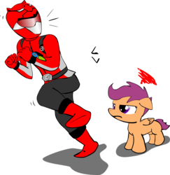 Size: 1223x1256 | Tagged: safe, artist:rinsankajugin, scootaloo, pegasus, pony, g4, alektorophobia, crossover, female, filly, go-busters, redbuster, scootachicken, simple background, super sentai, tokumei sentai go-busters, transparent background