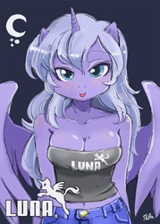 Size: 600x840 | Tagged: safe, artist:shepherd0821, princess luna, alicorn, anthro, g4, ambiguous facial structure, belly button, blue background, blushing, breasts, busty princess luna, cleavage, female, mare, midriff, pun, s1 luna, simple background, solo, tongue out