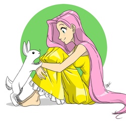 Size: 1064x1037 | Tagged: safe, artist:aeolus06, angel bunny, fluttershy, human, rabbit, g4, ankles, barefoot, clothes, cute, dress, feet, female, humanized, sitting, sundress