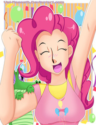 Size: 2549x3294 | Tagged: safe, artist:val-hasseth, gummy, pinkie pie, human, g4, abstract background, armpits, balloon, clothes, cutie mark on clothes, duo, eyes closed, female, high res, humanized, light skin, url