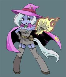 Size: 500x588 | Tagged: safe, artist:shepherd0821, trixie, anthro, unguligrade anthro, g4, ambiguous facial structure, armpits, boots, brooch, cape, clothes, dress, female, garter belt, gloves, hand on hip, hat, jewelry, looking at you, mare, satchel, shoes, simple background, solo, strapless, strapless dress, wizard hat