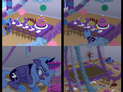 Size: 1333x1000 | Tagged: safe, artist:dalapony, princess luna, alicorn, pony, g4, alone, angry, bad end, birthday, birthday party, cake, candy cane, comic, cookie, crying, cute, eyes closed, feels, female, forgotten birthday, frown, happy birthday luna, happy birthday to me, hat, lonely, mare, open mouth, parody, party, party hat, ponified, s1 luna, sad, sandwich, sitting, soda, solo, star of the giants, table flip, tears of anger