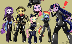 Size: 1000x620 | Tagged: safe, artist:shepherd0821, edit, applejack, fluttershy, pinkie pie, rainbow dash, rarity, twilight sparkle, anthro, unguligrade anthro, g4, ambiguous facial structure, big breasts, boots, breasts, bunny ears, busty applejack, busty fluttershy, catsuit, clothes, dangerous mission outfit, exclamation point, female, goggles, lasso, latex, latex suit, line-up, looking at you, mane six, mare, ninja, sash, shoes, simple background, skintight clothes, thigh boots, thigh highs