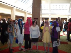 Size: 900x675 | Tagged: artist needed, safe, dj pon-3, fluttershy, pinkie pie, rarity, twilight sparkle, vinyl scratch, human, g4, convention, cosplay, irl, irl human, photo