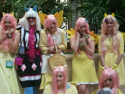 Size: 900x675 | Tagged: safe, artist:bip-bebop, artist:yurivorelover, fluttershy, photo finish, human, g4, anime weekend atlanta, convention, cosplay, group photo, irl, irl human, photo