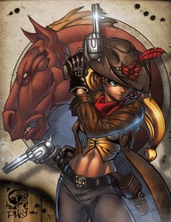 Size: 800x1035 | Tagged: dead source, safe, artist:phn, applejack, big macintosh, horse, human, g4, abs, badass, bandana, belly button, belt, clothes, coat, cowboy, cowboy hat, cowgirl, dual wield, epic, featured image, female, gloves, gun, hat, holster, humanized, midriff, muscles, no trigger discipline, revolver, smiling, stetson, weapon, western