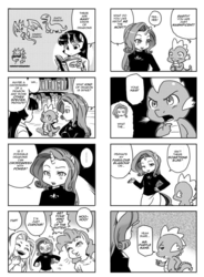 Size: 700x953 | Tagged: safe, artist:shepherd0821, fluttershy, pinkie pie, rarity, spike, twilight sparkle, dragon, anthro, g4, 4koma, ambiguous facial structure, comic, female, i see what you did there, male, meme, monochrome, rage face, translation